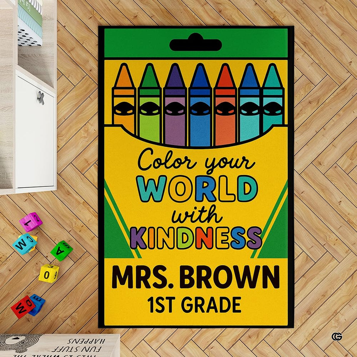 Top down visual of crayon box classroom area rug displaying emerald green and yellow layout.