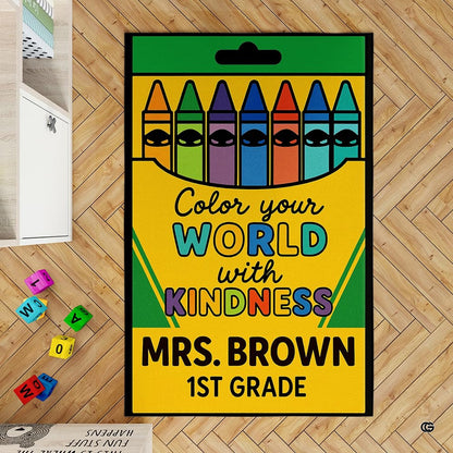 Top down visual of crayon box classroom area rug displaying emerald green and yellow layout. - thumbnail image 2 of 7