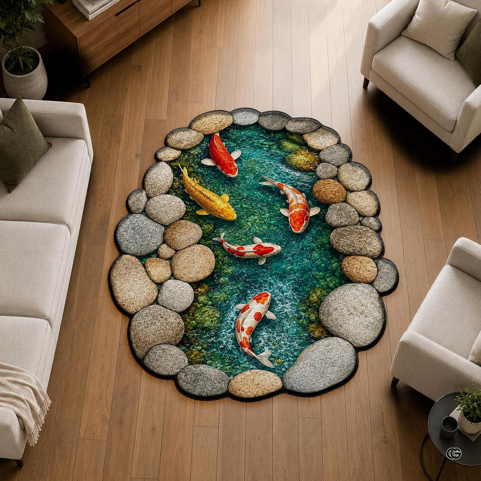 Custom Japanese Koi Fish Shaped Area Rug, Personalized 3D Optical Illusion Koi Pond Lotus Non Slip Washable Shaped Floor Mat, Fish Pond Rugs for Bedroom Living Room Decor (1, D4)