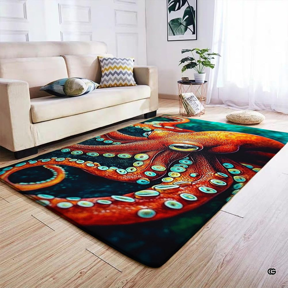 Anti-slip dot backing and hemmed edge stitching on coastal octopus area rug - image 4 of 7