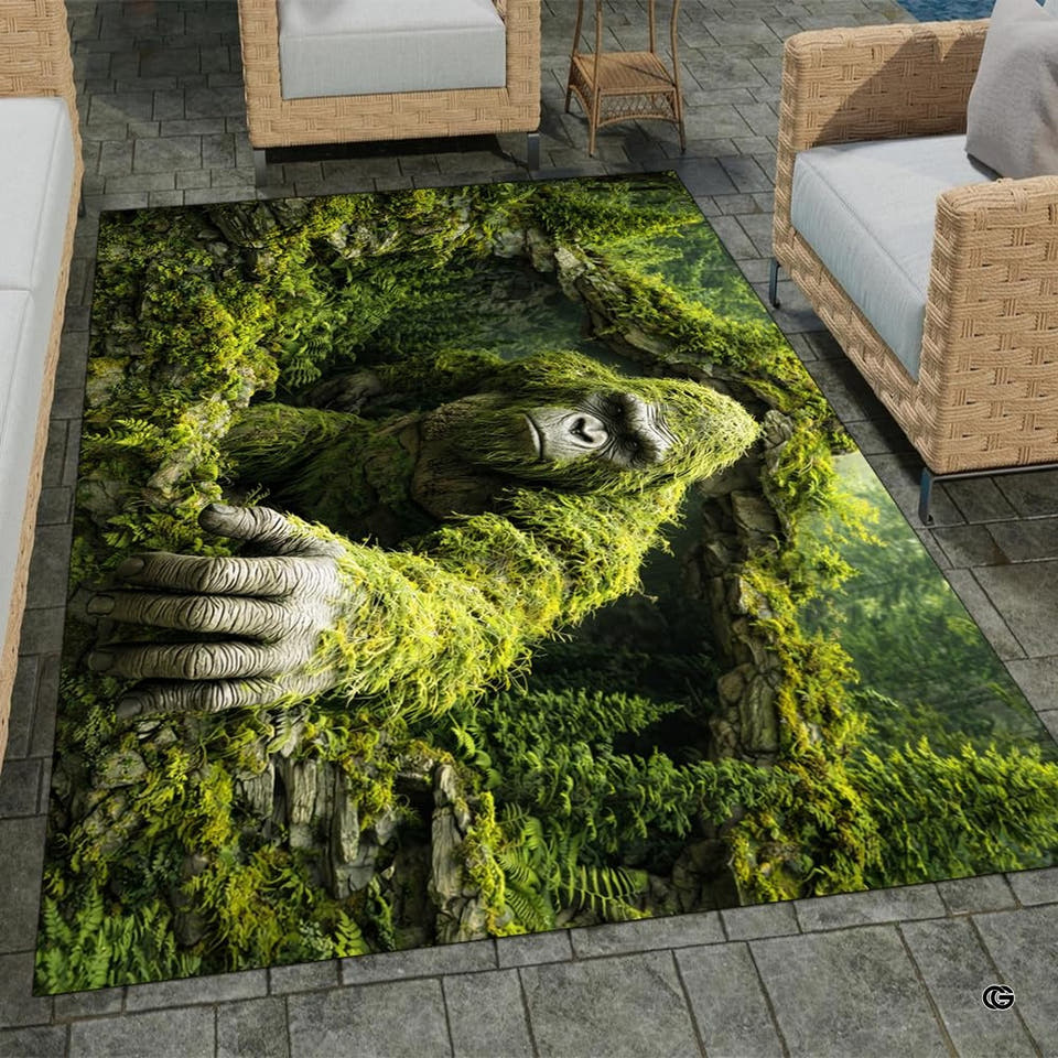 Moss Bigfoot rug camouflaged among green forest roots
