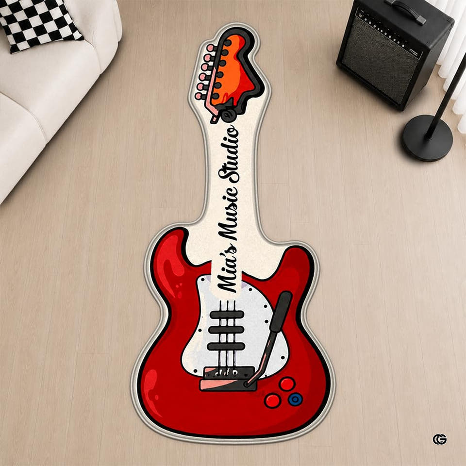 Red electric guitar shaped rug in a bright music room