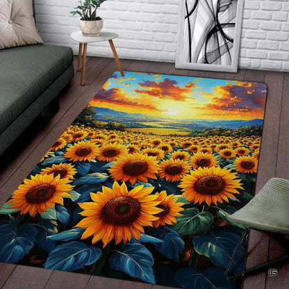 Sunset sunflower meadow living room area rug with scenic golden field and hills - thumbnail image 1 of 7