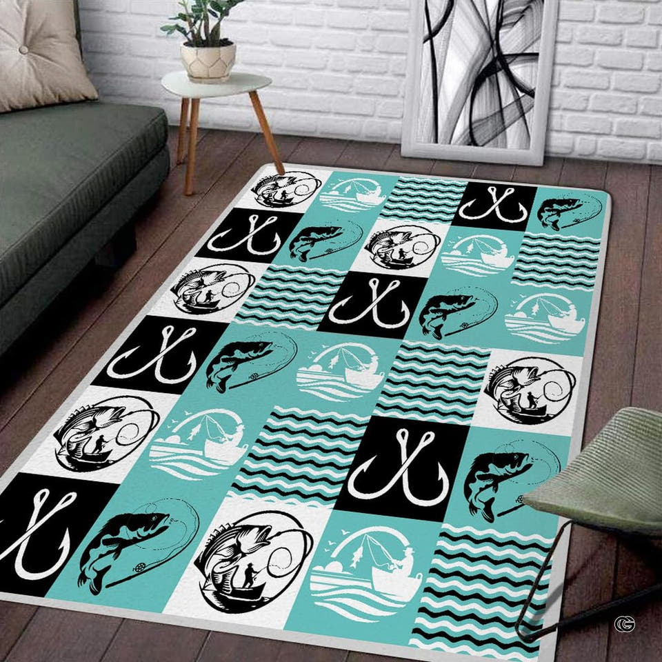 Fishing patchwork grid tile angler area rug - view 1