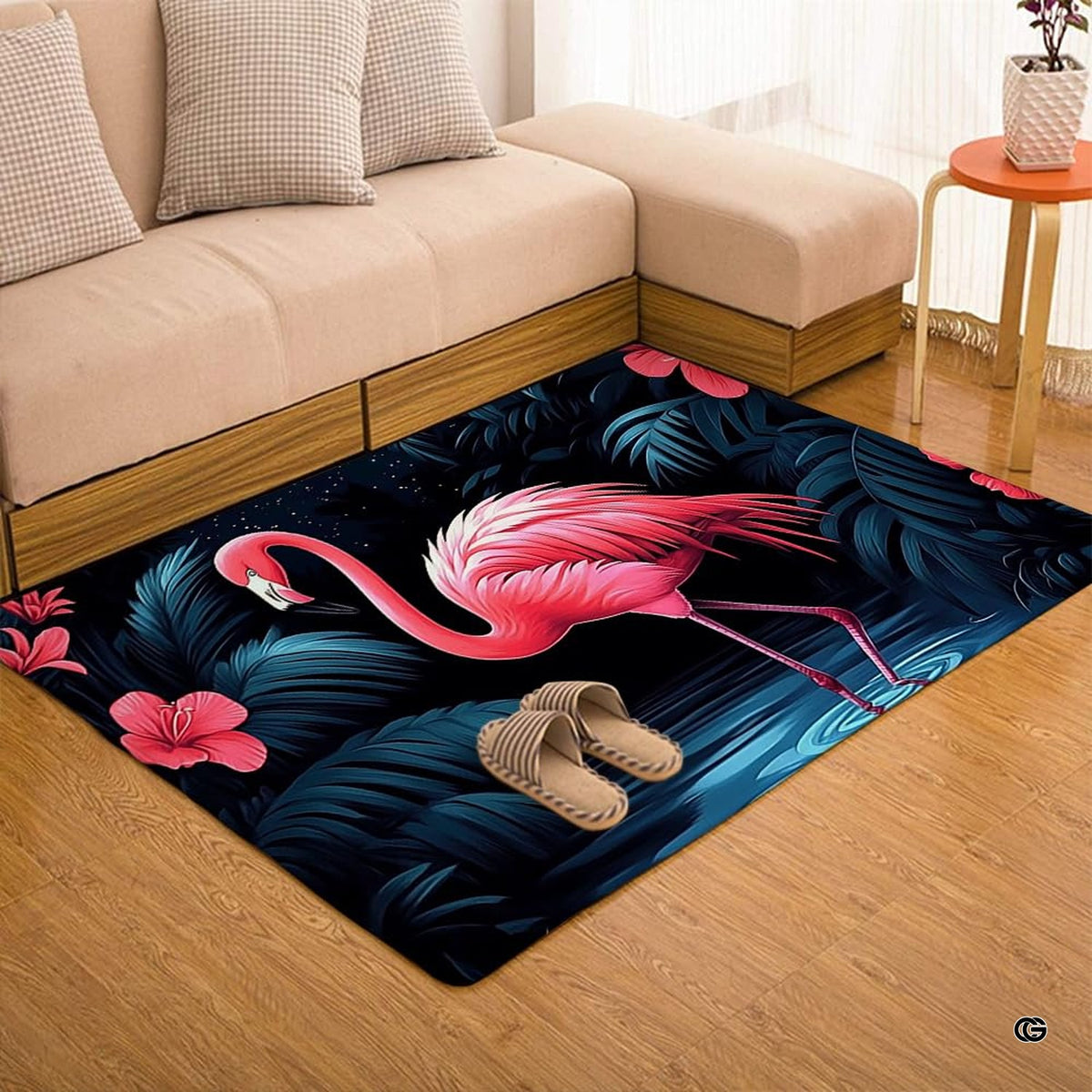Bright interior decor setup featuring the nocturnal tropical pink flamingo floor carpet - image 6 of 7
