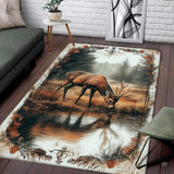 Spotted buck drinking from a river in a misty pine forest meadow area rug for wood cabin flooring ideas.