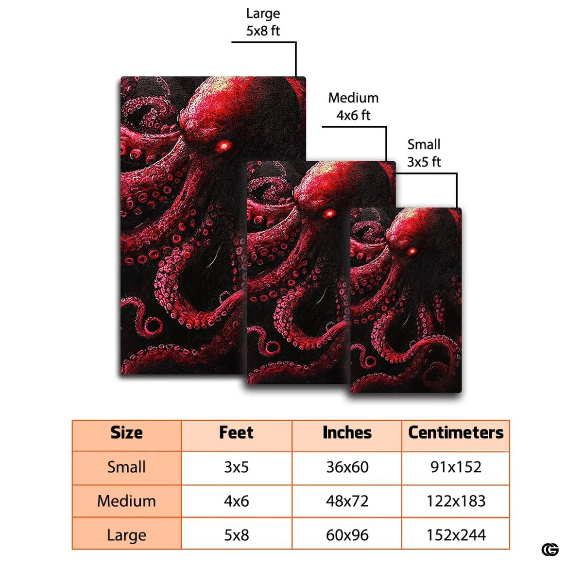 Dimensions and sizing chart for dark crimson kraken octopus living room area rug - image 2 of 7