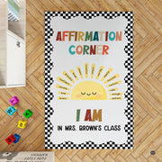 Detail of radiating yellow sunbeams and uplifting graphic lettering on cheerful children's floor decor. - thumbnail image 2 of 7