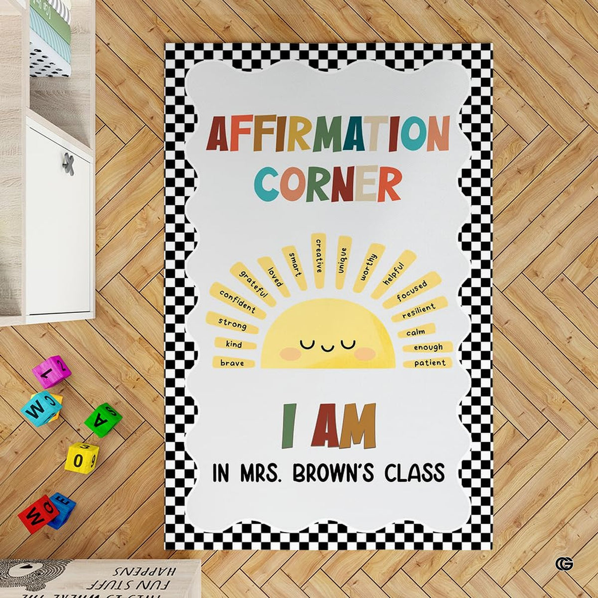 Detail of radiating yellow sunbeams and uplifting graphic lettering on cheerful children's floor decor. - image 2 of 7