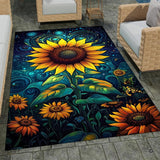 Stone patio setting featuring a cosmic bloom sunflower botanical floral area rug