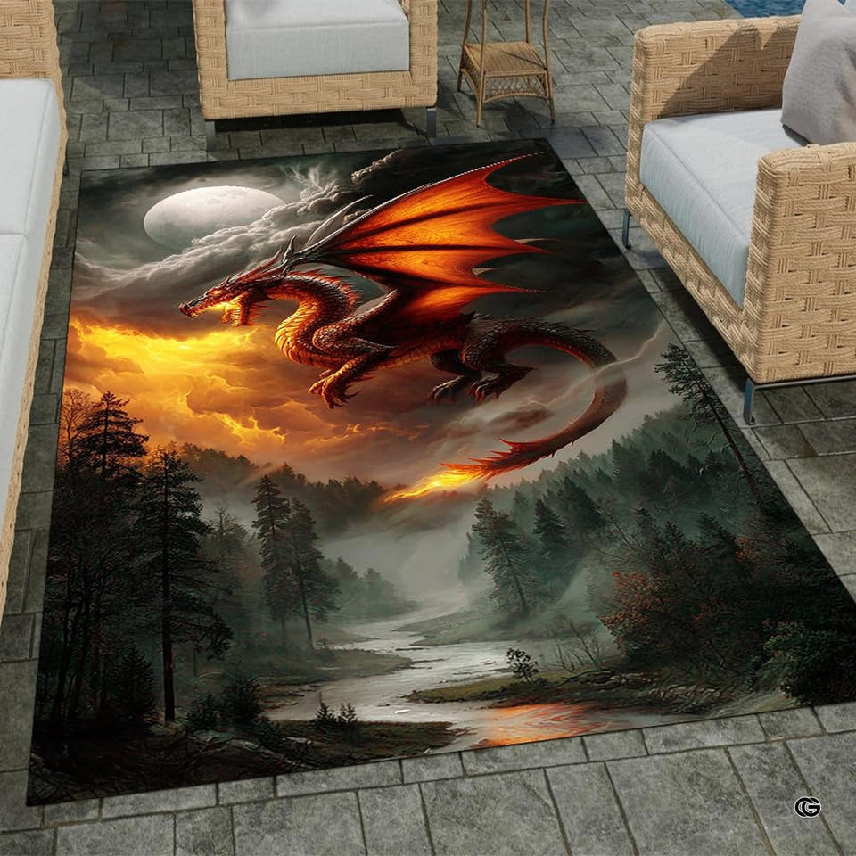 Fire dragon rug with moonlit clouds and misty forest valley
