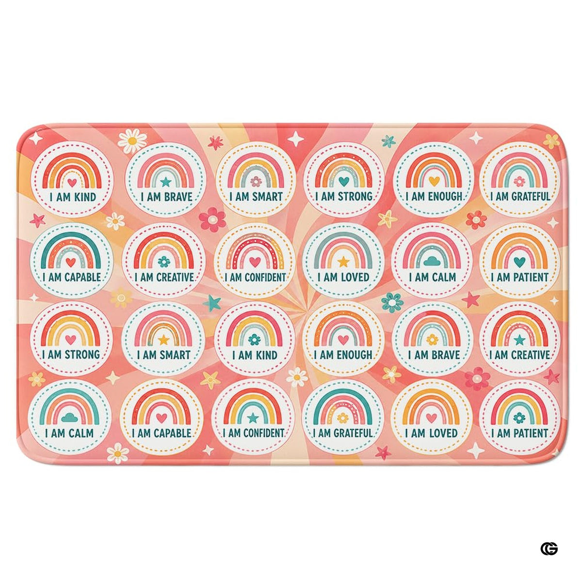 Boho rainbow affirmation spots grid with positive mindset statements on an educational classroom area rug