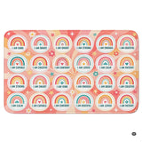 Boho rainbow affirmation spots grid with positive mindset statements on an educational classroom area rug