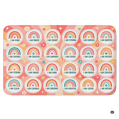 Boho rainbow affirmation spots grid with positive mindset statements on an educational classroom area rug - thumbnail image 1 of 7