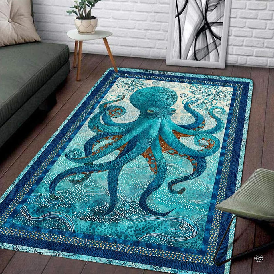 Mosaic octopus tentacles coastal floor rugs displayed across a sunlit beachside room.