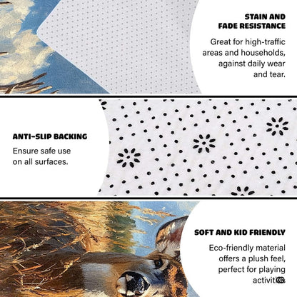 Anti-slip dot backing and hemmed edge stitching on oil painting deer rug - thumbnail image 4 of 7