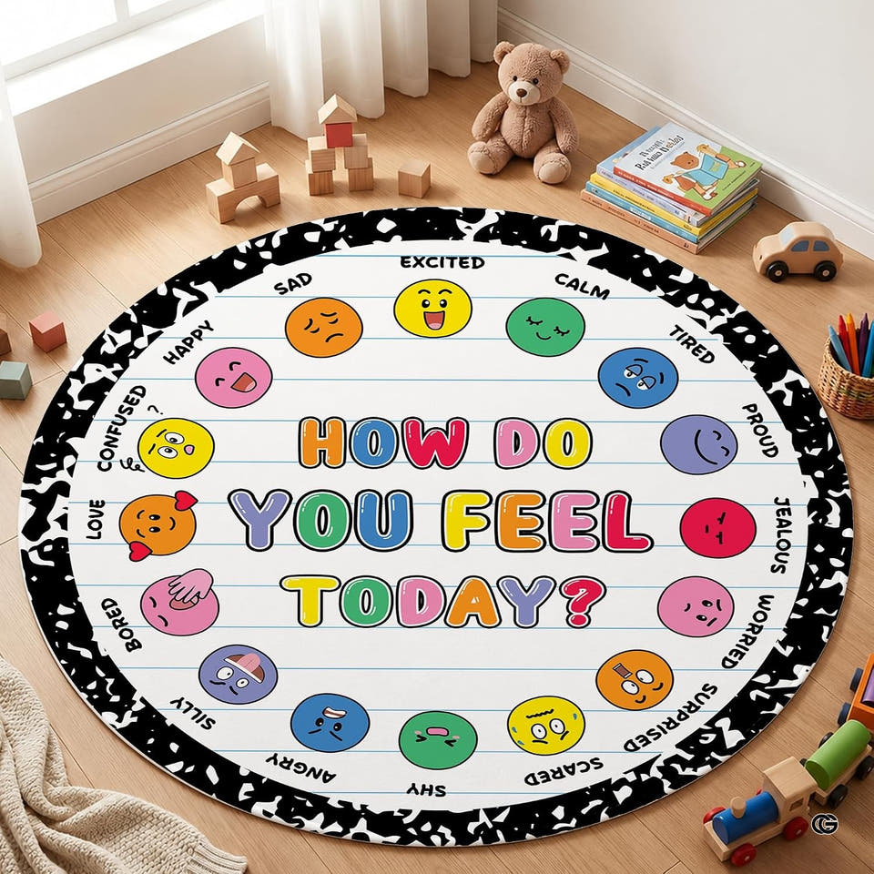 Top-down view of round area rug featuring lined paper motif, colorful emotion faces, and composition border