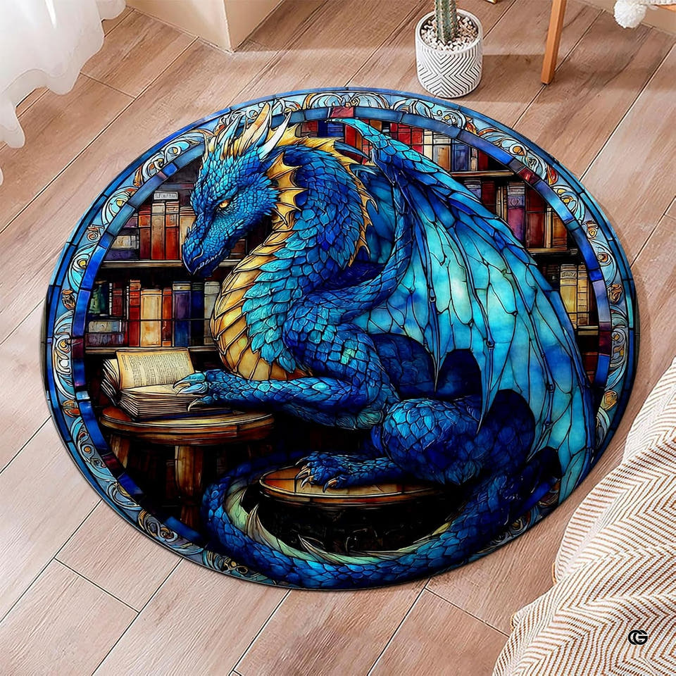 Round stained glass dragon area rug on light wood flooring
