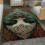 Patio stone lounge with wicker seating displaying the Celtic sacred oak Tree of Life area rug - thumbnail image 1 of 8