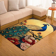 Overhead perspective of ornate peacock blue area rug highlighting art nouveau branch motifs and peony blooms. - thumbnail image 7 of 7