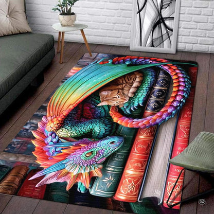 Colorful rainbow winged dragon gently sheltering a sleeping tabby kitten on a stack of vintage books area rug. - thumbnail image 4 of 5