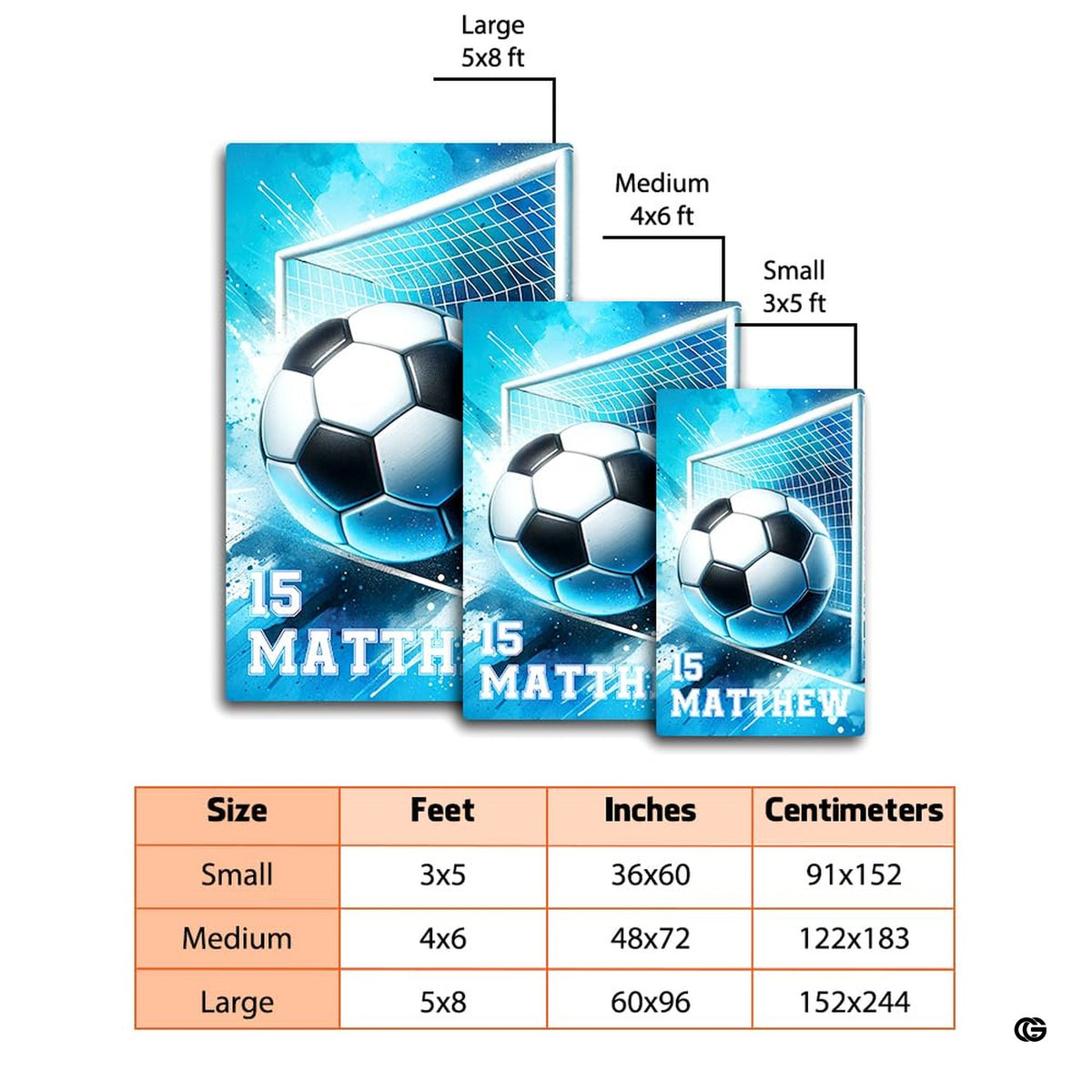 Overhead perspective of soccer area rug featuring electric blue paint splatters and net artwork.