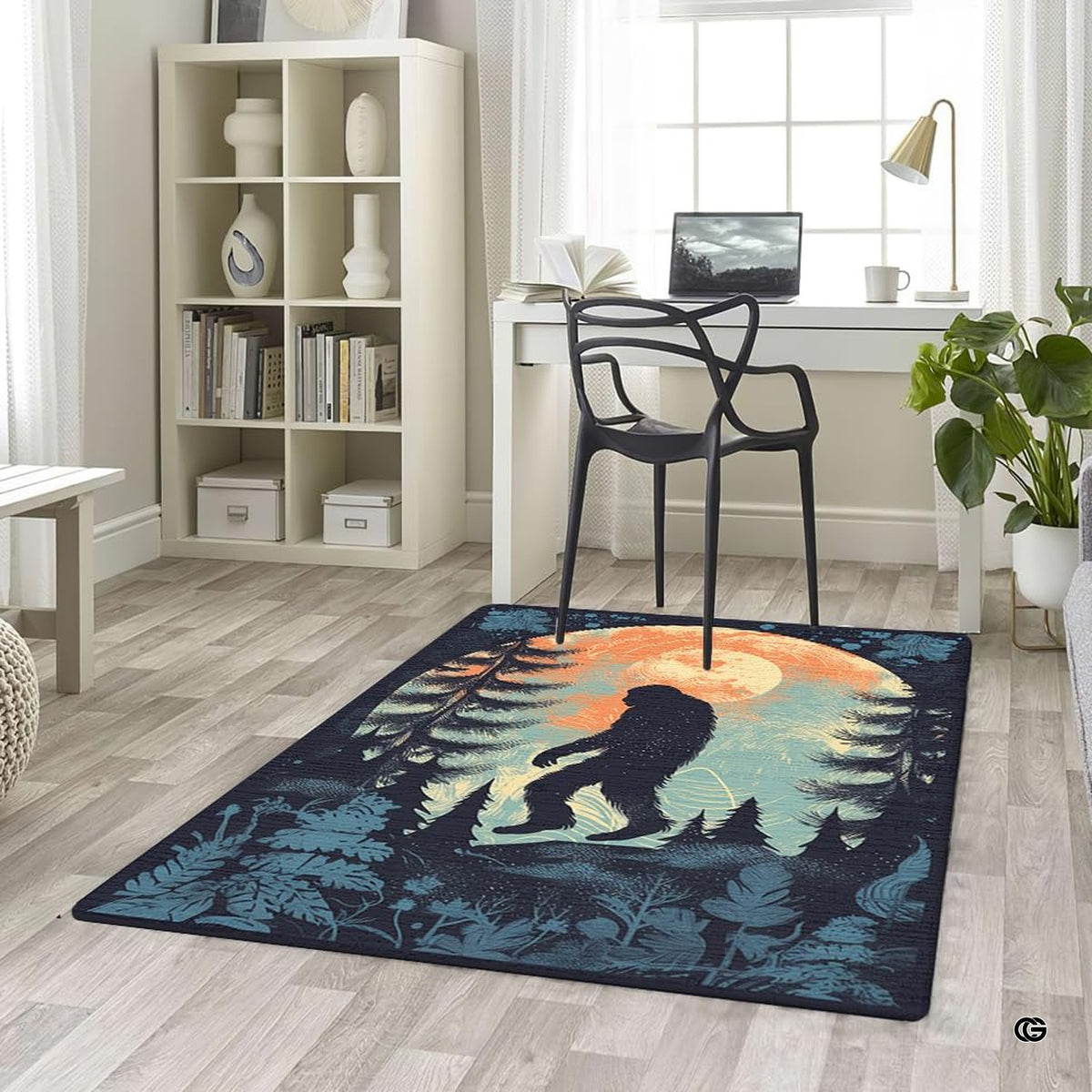 Lifestyle living room scene featuring family lounging on Bigfoot area rug.