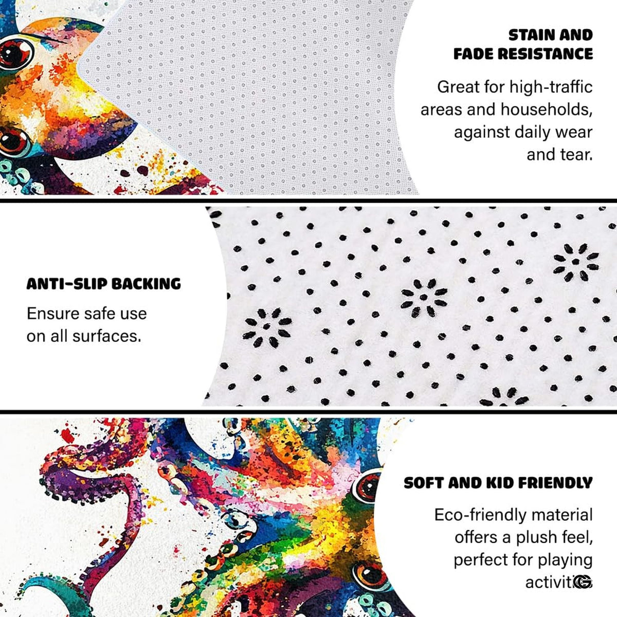 Dimensions and sizing options chart for rainbow watercolor octopus living room area rug