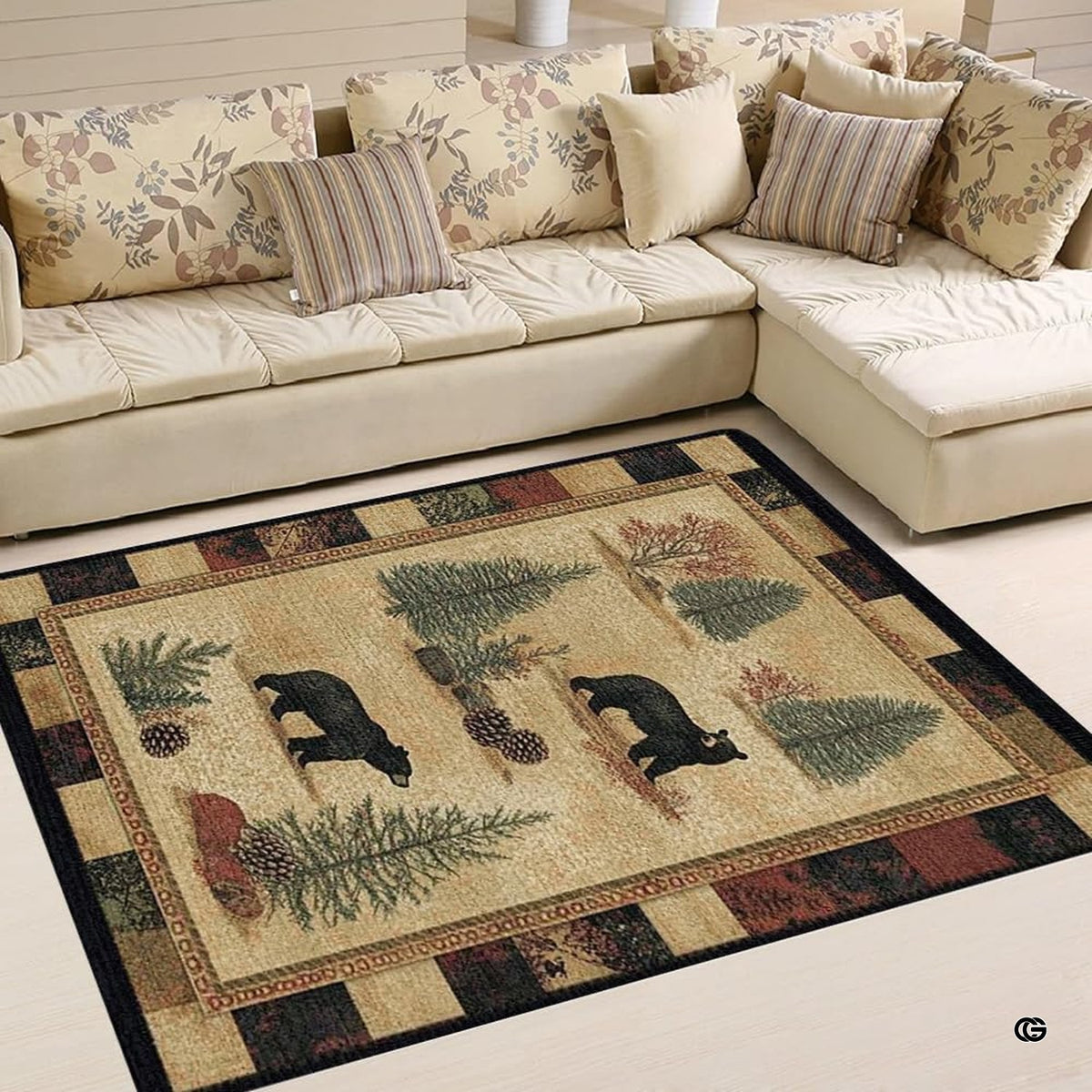 Floor mockup highlighting the woodland bear rug beside sofa furnishings - image 2 of 5