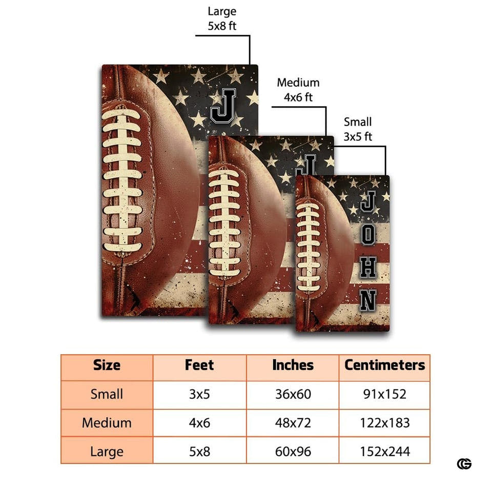 Patriots football field rug featuring collegiate vertical lettering and dark navy stars