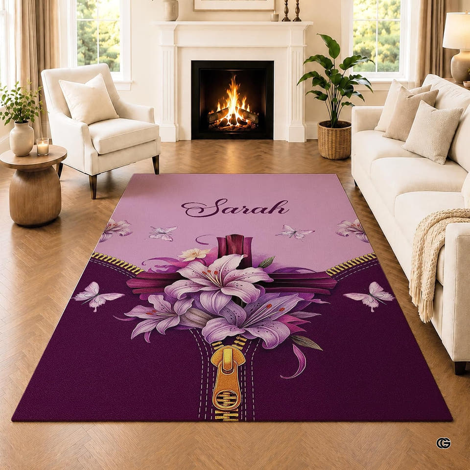 Purple lily floral cross area rug displayed on a hardwood living room floor before a fireplace