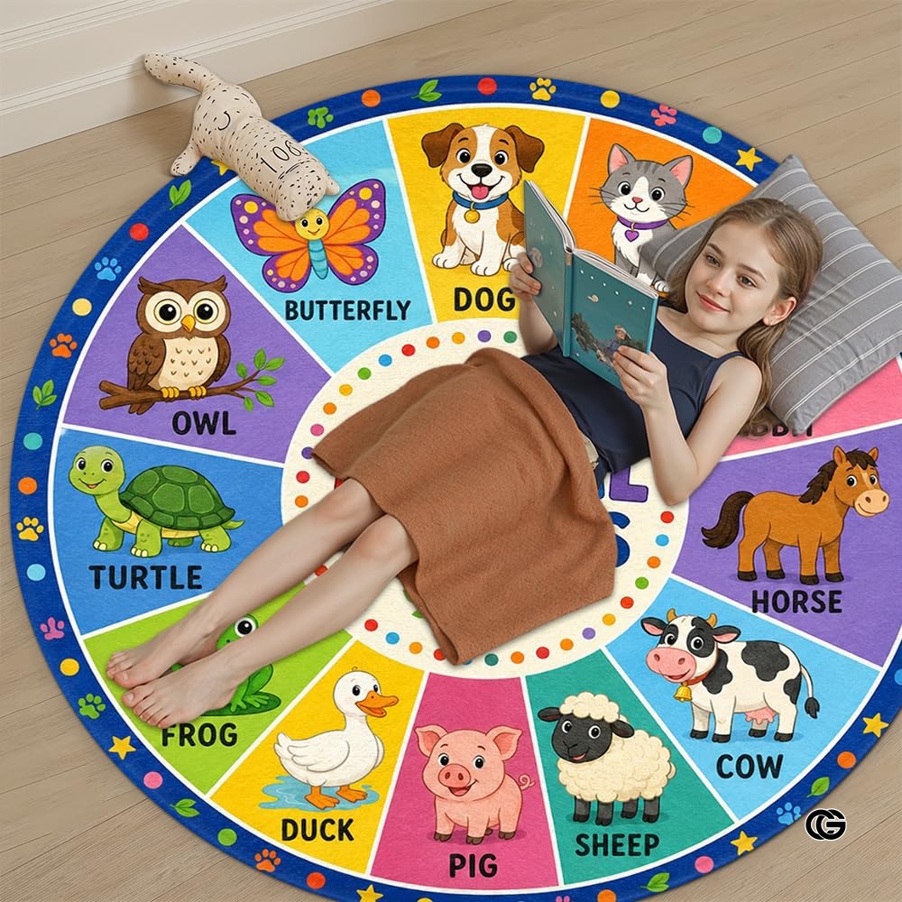 Wheel of Feelings and Emotions Round Rug, Educational Mental Health Rug for Classroom, Educational Animal Shape School Mat, Back to School Gift (Animal)