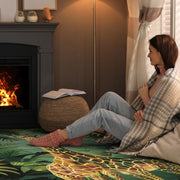 Cozy fireside living room setting with the botanical jungle giraffe area rug - thumbnail image 5 of 7