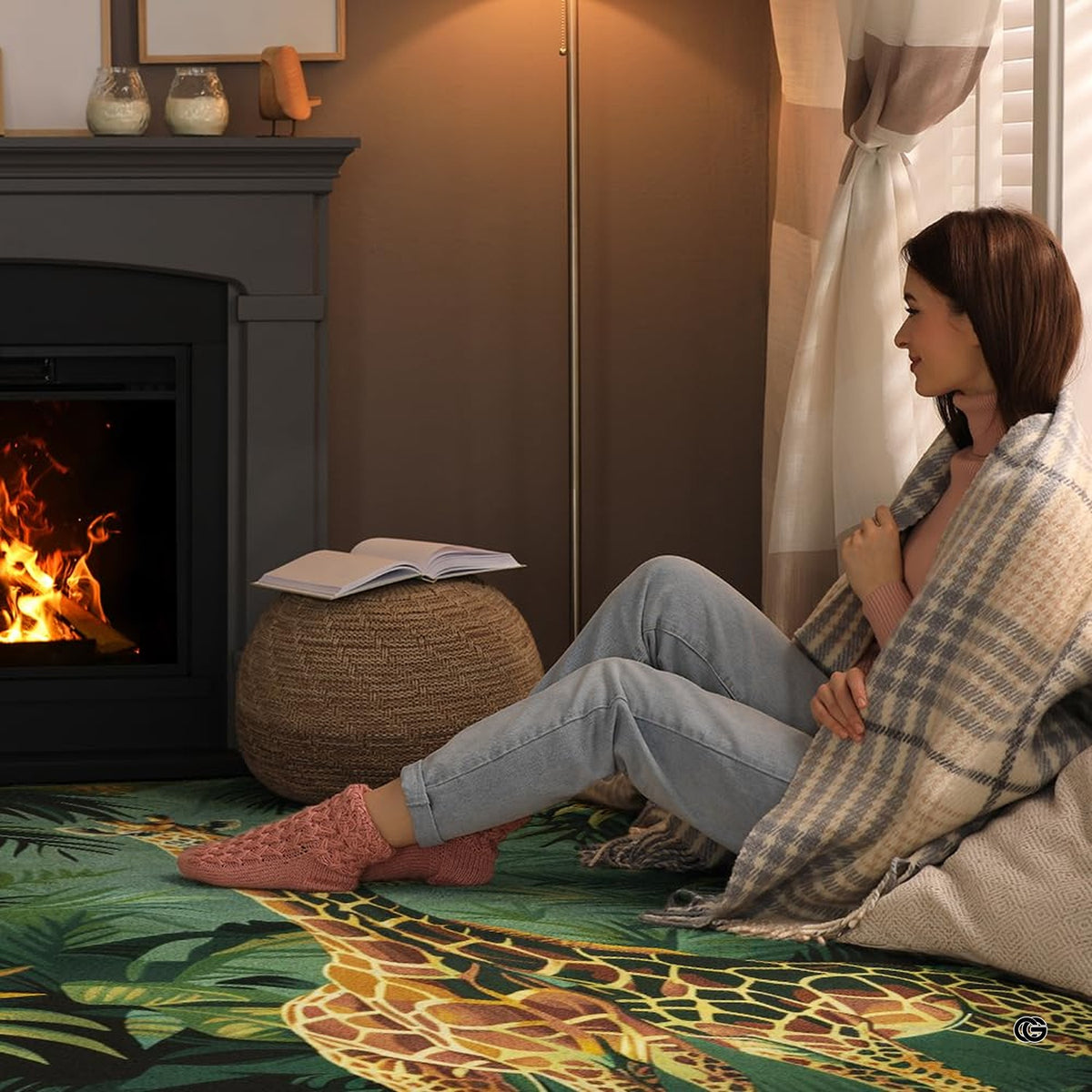 Cozy fireside living room setting with the botanical jungle giraffe area rug - image 5 of 7