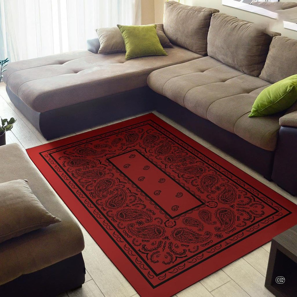 Top-down view of the red bandana print area rug displaying ornate black palmettes and symmetrical flourishes. - image 2 of 9