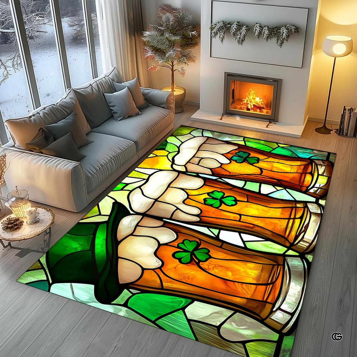 Cozy modern living room arrangement styling the Irish beer pints stained glass rug - image 5 of 9
