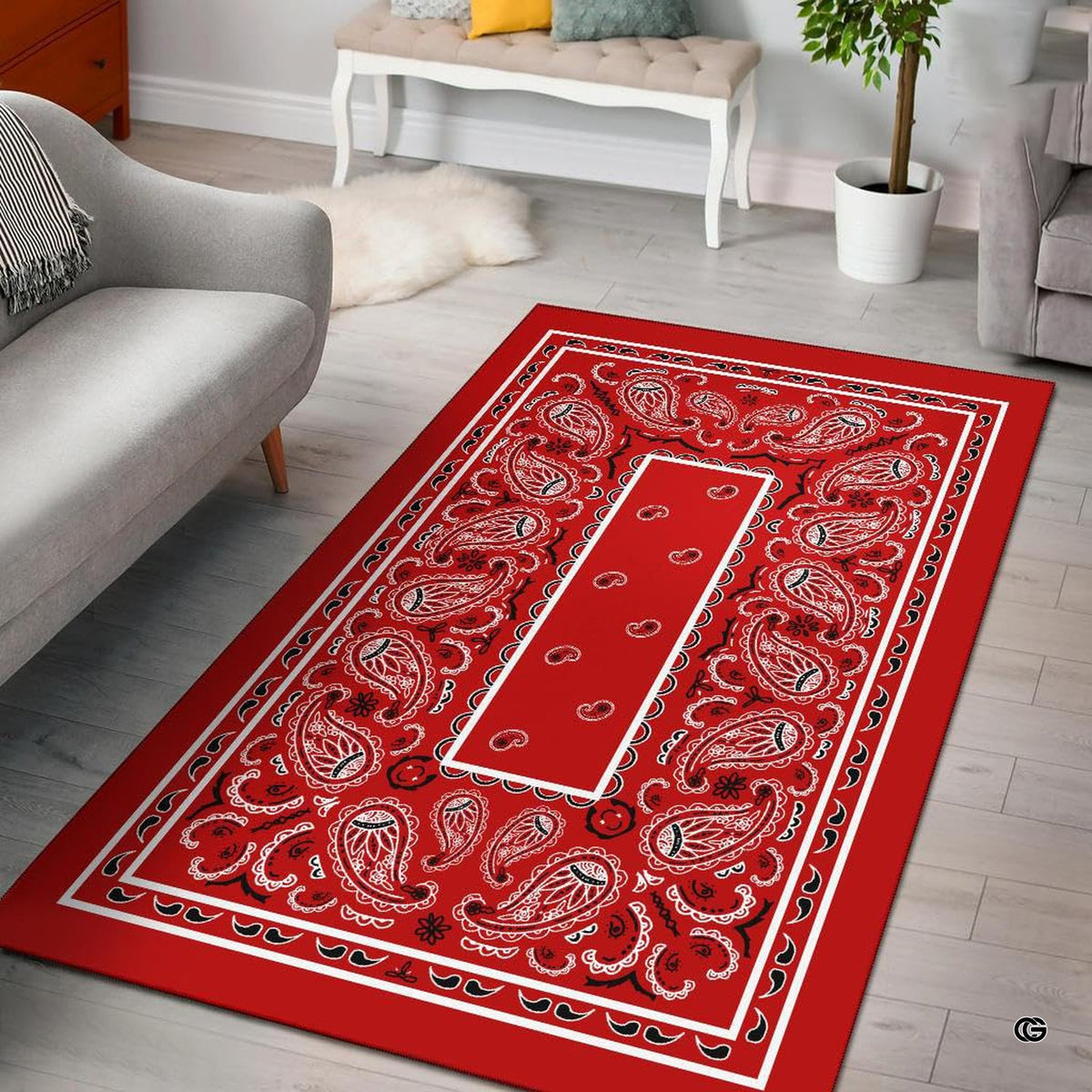 Classic crimson red bandana paisley print living room area rug with white ornamental borders - image 1 of 9