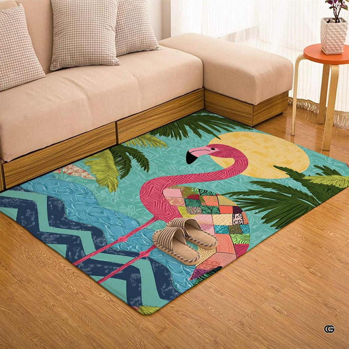 Overhead view of tropical kitchen floor mats accentuating living decor with ocean chevron waves and palm leaves.