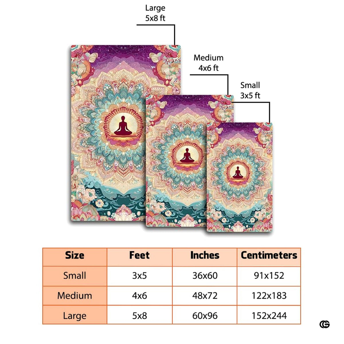 Modern living room setting displaying the colorful yoga silhouette lotus rug