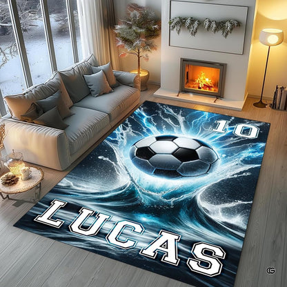 Lifestyle living room scene featuring family lounging on soccer splash area rug. - thumbnail image 5 of 8