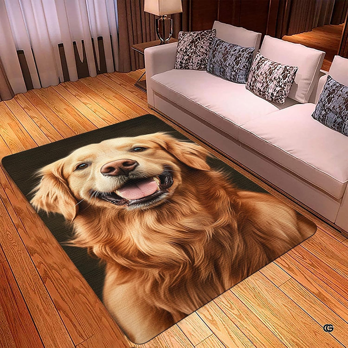 Top-down view of the golden retriever rug featuring bright fur details on a textured dark background. - image 2 of 5