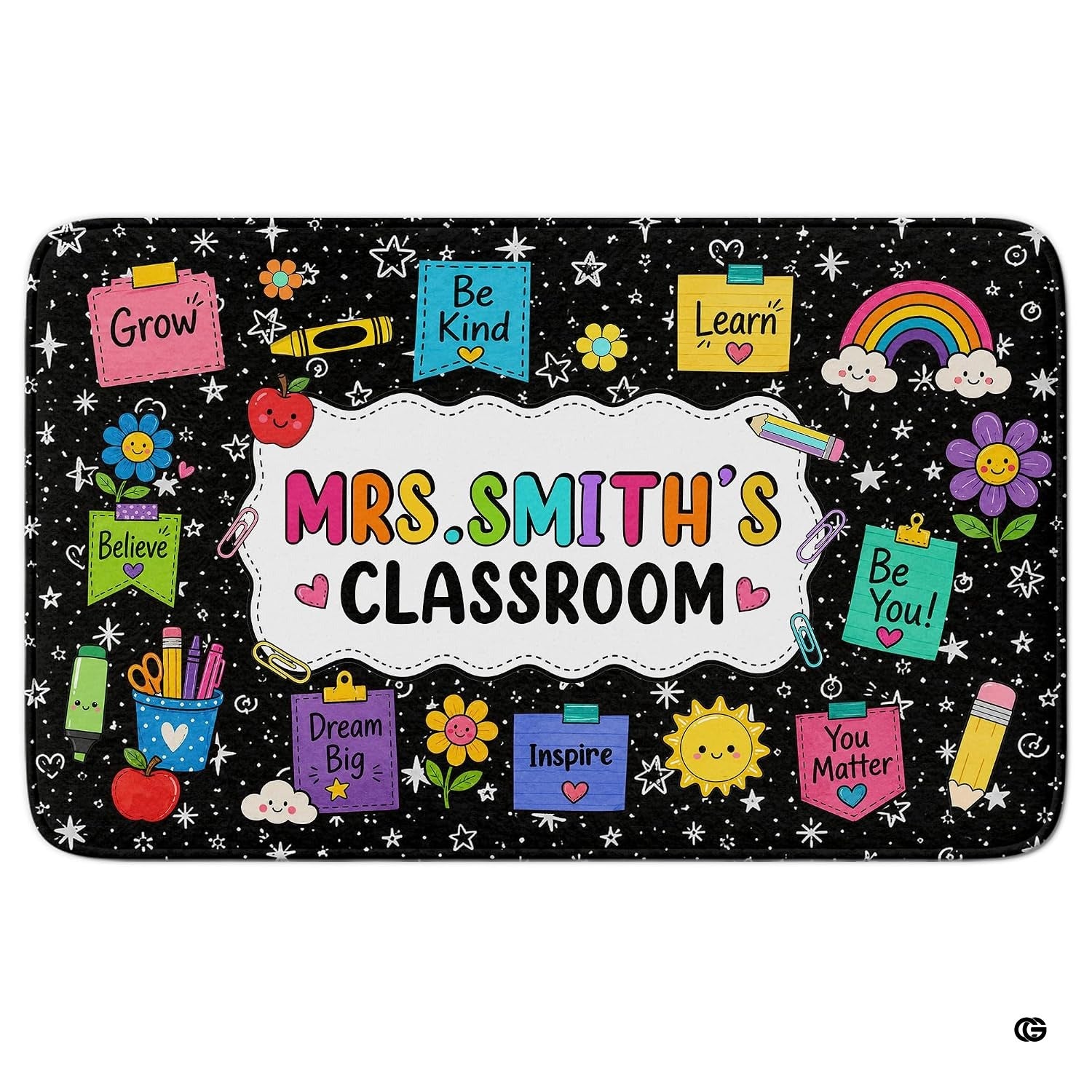 Personalized Teacher Classroom Rug, Custom Back to School Welcome Mat with Name, Kindergarten Preschool Elementary Decor, Composition Notebook Carpet (A04)