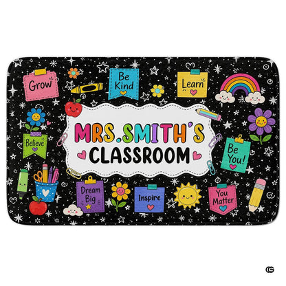 Personalized Teacher Classroom Rug, Custom Back to School Welcome Mat with Name, Kindergarten Preschool Elementary Decor, Composition Notebook Carpet (A04)