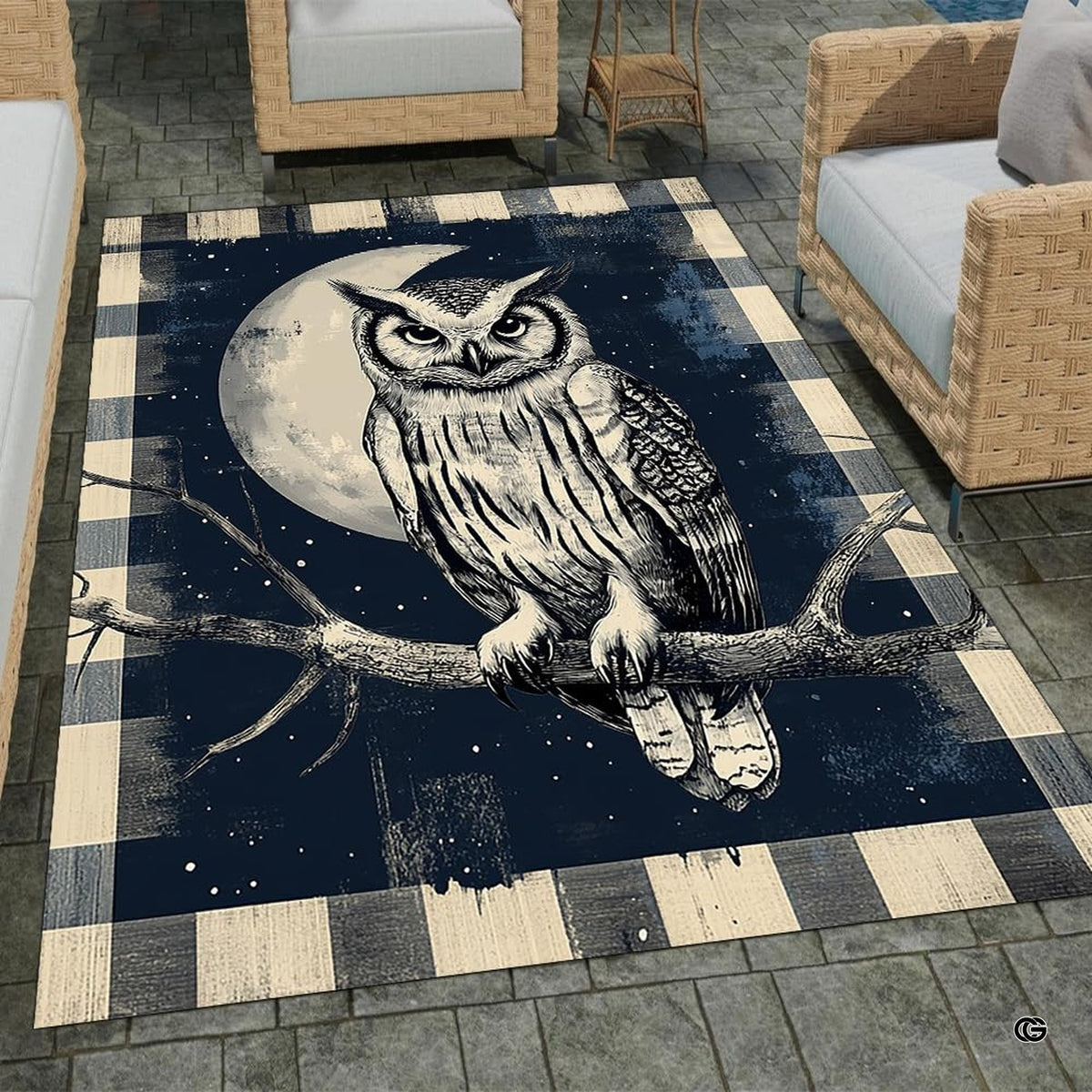 Rustic plaid crescent moon owl living room area rug with navy check border - image 1 of 8