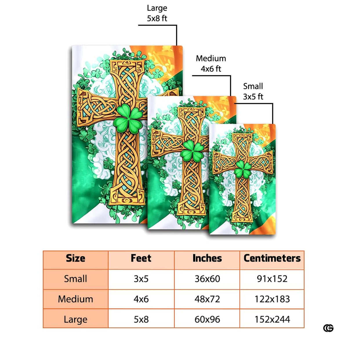 Dimensions and sizing chart for Celtic knotwork cross Irish flag area rug
