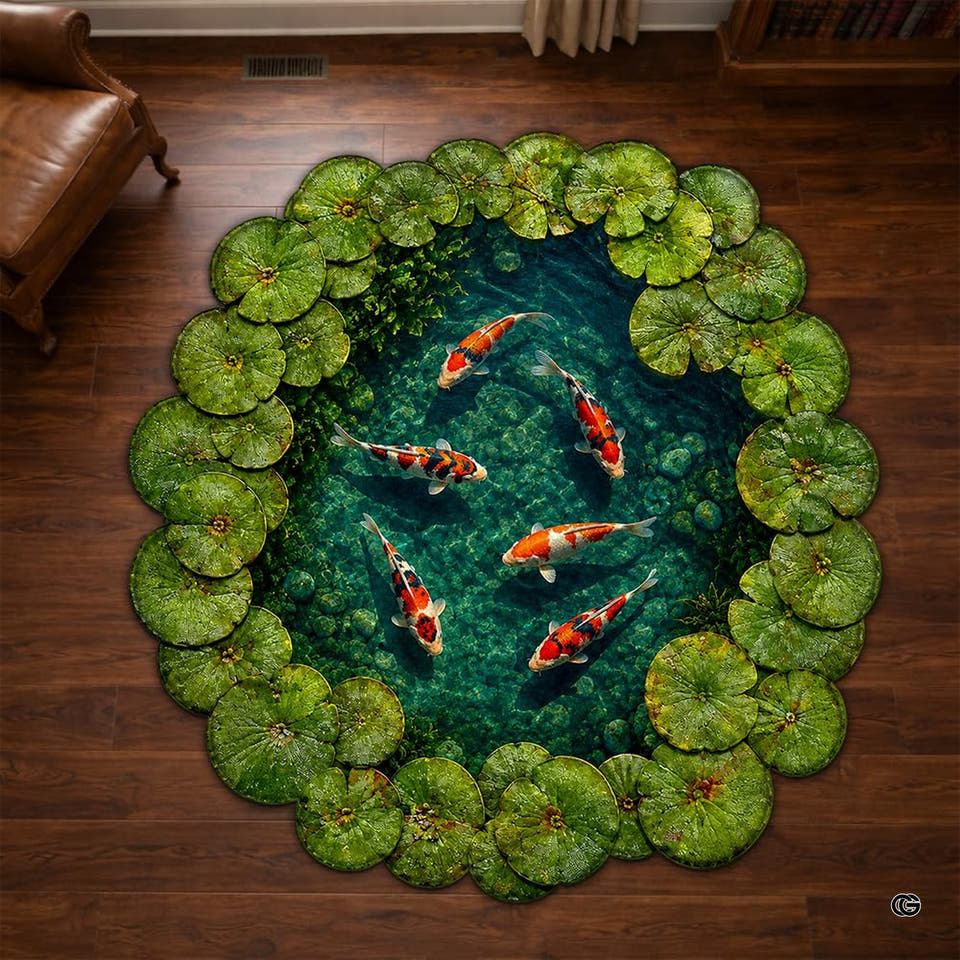 Overhead view of koi pond 3d round area rug for dining room styling