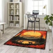 Wilderness mountain and lake sunset floor rug displayed within a rustic lodge interior setting. - thumbnail image 5 of 5