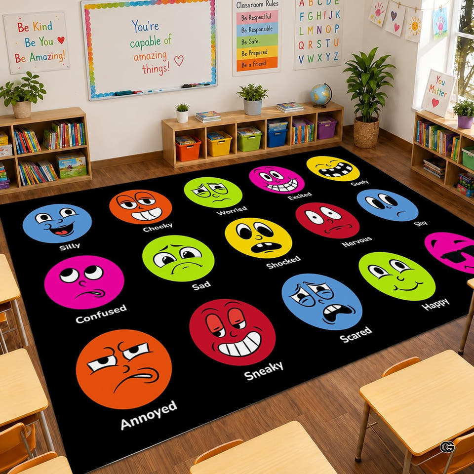 Classroom area rug featuring circular cartoon emotion icons across dark background for group learning