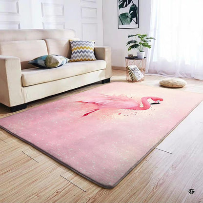 Living room seating arrangement with roaring fireplace and blush pink flamingo rug on light hardwood - thumbnail image 5 of 7