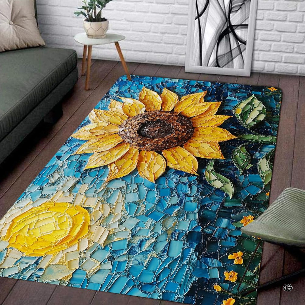 Dimension comparison chart displaying multiple size formats for this mosaic sunflower area rug. - image 2 of 8